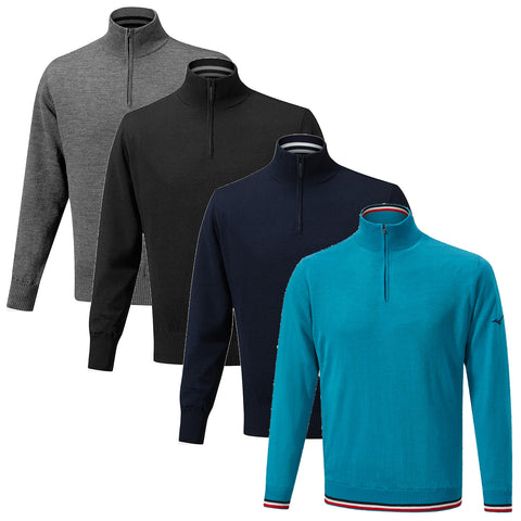 Four zip-neck sweaters in varying colors lined up vertically featuring shades of gray black navy and turquoise each with ribbed cuffs and collars displayed against a plain background