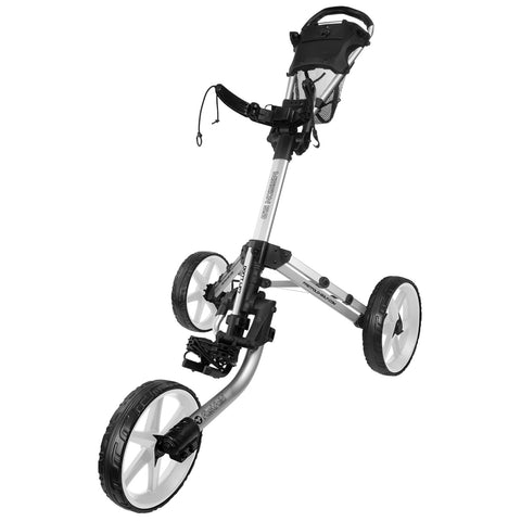 A golf push cart stands upright featuring three wheels two at the back and one at the front it includes a handle and a storage compartment for accessories.