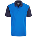 A blue polo shirt with navy sleeves features a collar and three buttons down the front displaying a casual design suitable for warm weather or leisure activities.