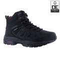 A black waterproof hiking boot is displayed it features a textured surface with dark purple accents and advanced lacing system designed for outdoor activities on challenging terrains.