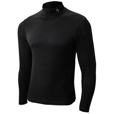 A long-sleeved black turtleneck shirt displays a fitted design with a ribbed texture the shirt stands upright against a plain background emphasizing its simplicity and style