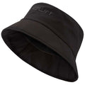 A black bucket hat rests sideways with a wide brim and a stitched logo on the front showcasing a sleek and functional design suitable for outdoor activities.