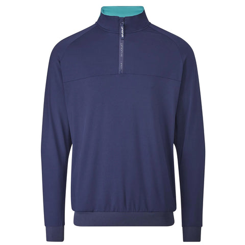 A navy blue pullover with a quarter zip and a light blue collar hangs against a plain background showcasing a simple and sporty design suitable for casual or athletic wear.