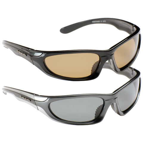 A pair of sunglasses featuring dark tinted lenses is positioned side by side with another pair having lighter brown lenses highlighting their sleek design and reflective frames on a plain background.