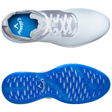 A white golf shoe with grey accents is displayed from above showing the laces and a blue inner lining with the brand name Callaway while the sole has a blue base with a textured pattern and the Callaway logo.