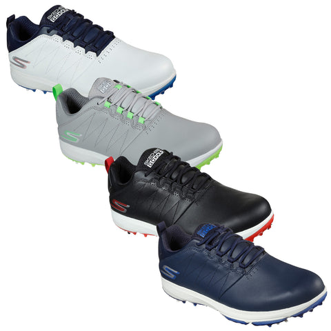 Skechers Mens Pro 4 Legacy Golf Shoes Four pairs of golf shoes are arranged from left to right in white gray black and navy colors with laces and traction spikes designed for stability on the course.