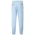 Light blue pants are displayed standing upright showcasing a smooth texture with two back pockets featuring thin black and white stripes along the edges in a neutral background.