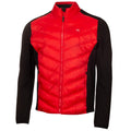 A red and black jacket hangs against a neutral background featuring a quilted upper section and solid sleeves showcasing a sporty design and a zip closure.