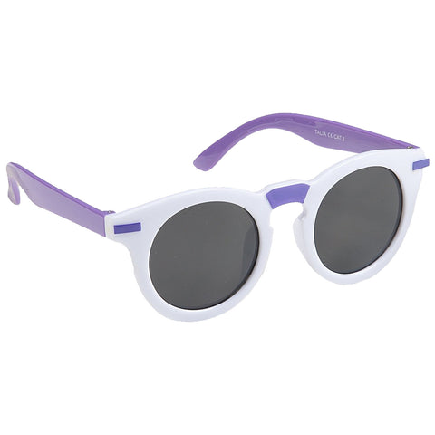 Sunglasses with circular black lenses and white frames featuring purple accents rest on a flat surface, designed for sun protection and fashionable appearance in outdoor settings.