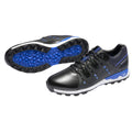 Black athletic shoes with blue accents are positioned on a white background. The shoes feature a textured sole designed for traction and support during physical activities.