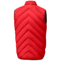 A red, sleeveless puffer vest is hanging vertically with a chevron pattern on the back. The vest is designed for warmth and is set against a plain white background.