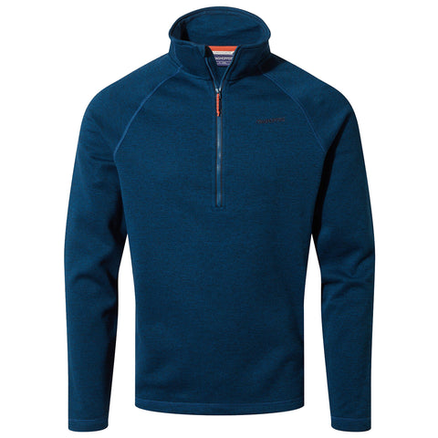 A dark blue pullover jacket with a half zipper is displayed frontally hanging against a neutral background showcasing its fabric texture and design features suitable for outdoor activities.