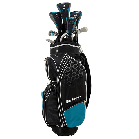 A golf bag stands upright displaying several clubs on top labeled with numbers 1 3 5 in a black and teal design with pockets for storage and straps for carrying.