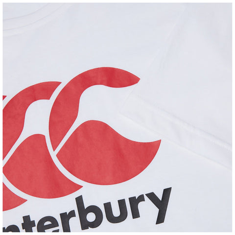 A white t-shirt displays a large red and white logo prominently featuring stylized shapes and the word "Canterbury" in bold black letters at the bottom.