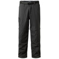 Black outdoor pants are displayed standing upright with a belt attached and pockets on the sides designed for utility in various outdoor activities