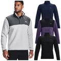 A man wearing a half-zip fleece pullover is standing and looking to the side. Various colored fleece pullovers are displayed beside him, showcasing different styles and colors from Under Armour.