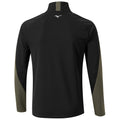 A black athletic jacket with long sleeves features olive-green accents on the sides and a high collar with a white logo on the back, designed for sports or casual wear.