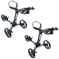 Motocaddy P1 Golf Trolley A golf pushcart features a compact frame with four wheels positioned for stability. The top includes a console for holding golf balls and beverages, set against a neutral background.