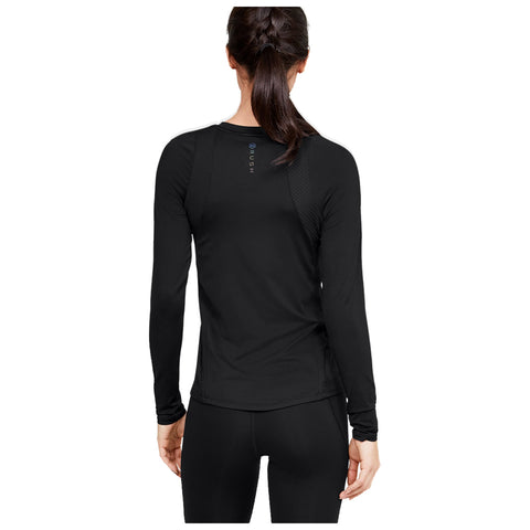 A person is wearing a black athletic long-sleeve shirt and matching pants facing away from the viewer in a neutral background, suggesting an active or fitness-oriented context.