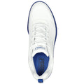 A white athletic shoe with a textured design and blue accents rests flat. Laces are tied, and the shoe displays branding on the tongue and interior for enhanced comfort and style.