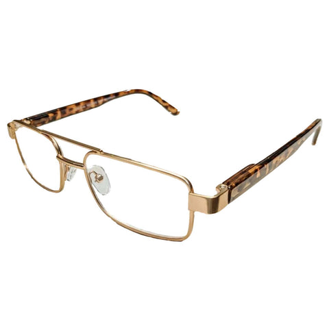 Gold-framed glasses with rectangular lenses are positioned with their arms slightly open revealing a tortoiseshell pattern on the temples against a plain background.