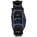 A black golf bag with multiple zippered compartments stands upright featuring gray accents and logos The bag is designed to hold golf clubs and accessories in an organized manner