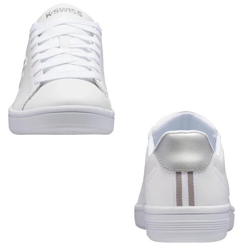 White sneakers are displayed from the front and back showing the laces and a silver accent on the heel with two vertical stripes against a plain background