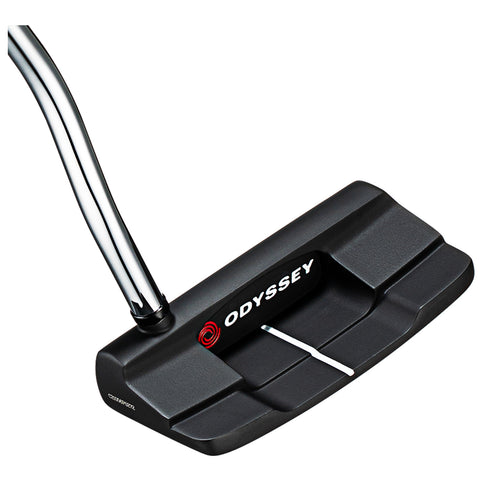 A black golf putter with a shiny silver shaft features a distinctive design and an alignment aid in the context of golf equipment, ready for use on a putting green.