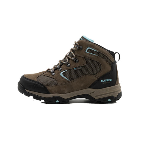 A brown hiking boot with mesh panels features laces and a rubber sole designed for traction and stability in outdoor terrains displayed against a plain background.