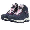 Dark navy hiking boots with pink and white laces sit on a plain background showcasing a rugged sole and patterned side design suitable for outdoor activities and rugged terrain.