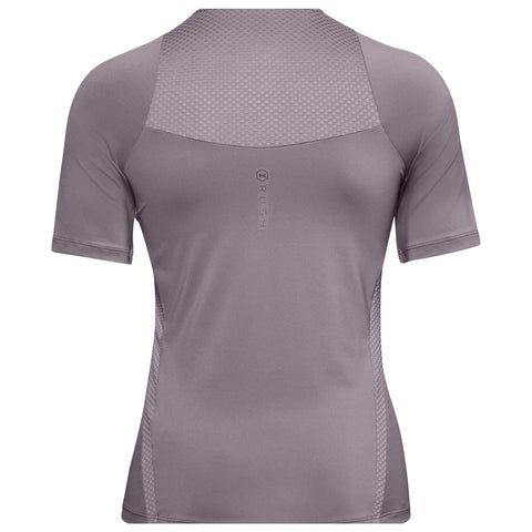 A fitted short-sleeve athletic shirt in a light gray color is displayed from the back featuring a textured panel at the shoulders and a logo near the center back.