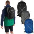 A person wearing a green jacket and shorts carries a black Berghaus backpack while three additional backpacks in black, grey, and blue are displayed beside them.