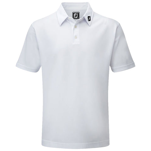 A white polo shirt is displayed with a collar and three buttons at the neck featuring a small logo on the left side made by FJ showcasing a clean and simple design.