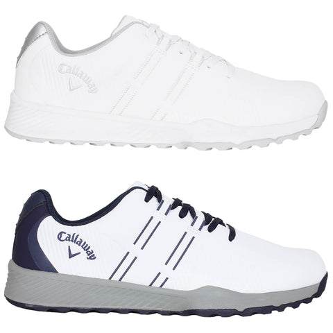 Two pairs of Callaway golf shoes are displayed. The top pair is entirely white, while the bottom pair has navy accents. Both feature a low-profile design with laces.