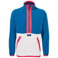 A colorful fleece jacket features a blue upper section and white lower section with red accents Zippered neck and pockets provide functionality suitable for casual outdoor wear.