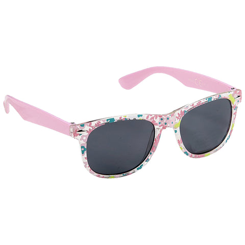 Colorful sunglasses with a floral pattern on the frame feature dark lenses and pink temple arms resting on a flat surface suggesting use for sun protection and style.