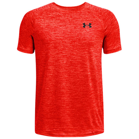 A vibrant short-sleeved red athletic shirt hangs centered against a plain background showcasing a black logo on the upper left side designed for sports or casual wear.