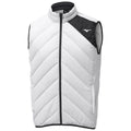 A padded white and black sleeveless vest hangs upright with a front zipper and high collar featuring a chevron pattern and a logo on the upper left side.