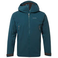 A teal jacket with a hood is displayed front-facing featuring a full zipper and two side pockets with zippers set against a neutral background.