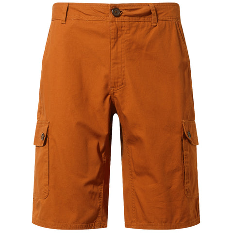 Orange cargo shorts feature two side pockets with flaps and a button closure at the waist, designed for casual wear and outdoor activities, presented against a plain background.