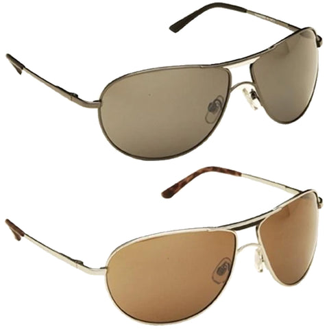 Two pairs of sunglasses are displayed with grey and brown tinted lenses. They are positioned one above the other on a plain background, showing their sleek metallic frames and a stylish design.