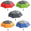 Big Max Aqua Auto Open 60" Double Canopy Umbrella Five umbrellas in various colors including red green orange gray and blue are displayed upright showcasing their waterproof features made for protection against rain or sun. Each has branded text indicating waterproof quality.