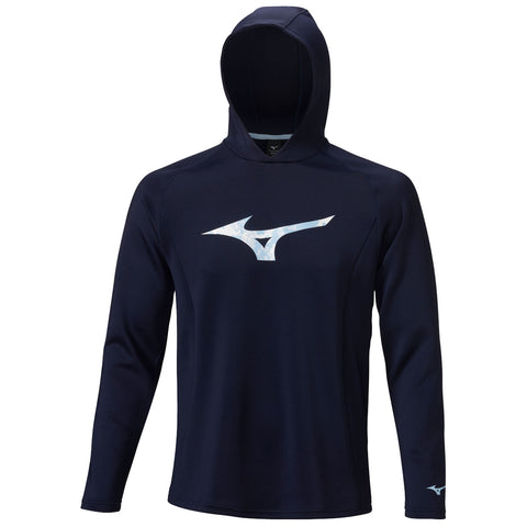 A navy long-sleeve hoodie features a prominent white Mizuno logo on the front It stands alone showcasing its athletic design suitable for sports or casual wear