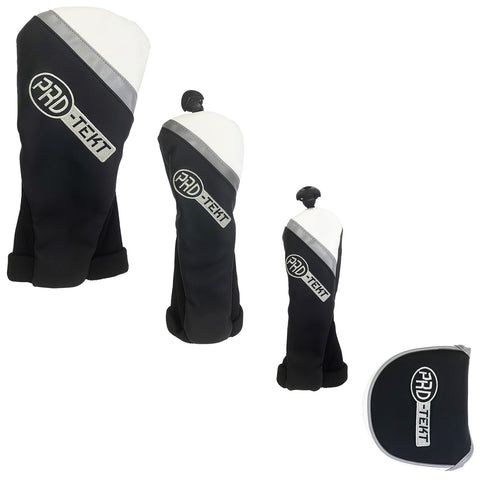 Three black and white golf club head covers are positioned upright against a neutral background with logo branding visible on each cover showcasing a sleek design suitable for protecting golf clubs.