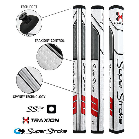 Three golf club grips are displayed vertically showcasing their features. The grips are labeled with text highlighting technologies like Traxion Control and Spyne Technology, demonstrating ergonomic grip design for enhanced performance.