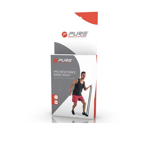 A person demonstrates a pro resistance band heavy while standing with one leg in front and holding the band in one hand. The packaging features a modern design with product details.