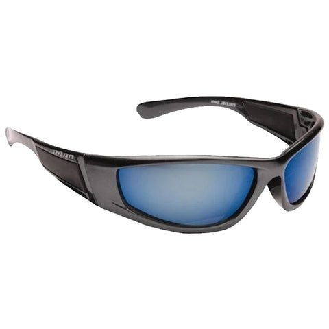 Sporty black sunglasses with blue lenses rest horizontally showcasing a sleek design ideal for outdoor activities providing protection against sunlight in bright environments.