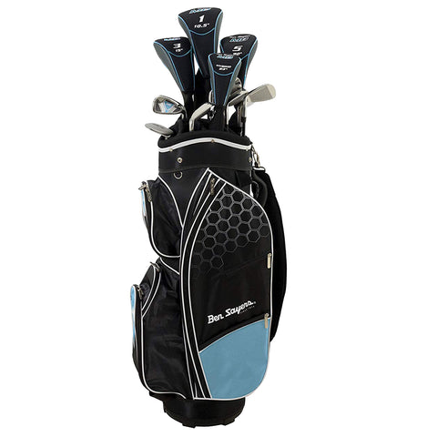 A black golf bag stands upright holding various golf clubs with labeled heads. It features zippered pockets and a sleek design with blue accents suitable for use on a golf course.