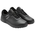 Black athletic shoes are positioned side by side showcasing a smooth leather surface and textured fabric collar the laces are tightly woven while the background is plain white.