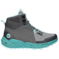 A gray high-top sneaker features a textured upper with turquoise accents and a sturdy sole. It is designed for outdoor activities and offers support and traction.